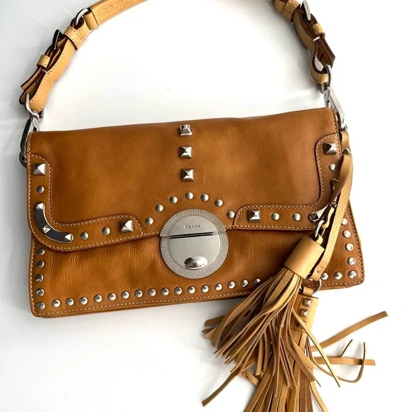 Prada Tan Leather Studded Shoulder Bag - Picture 2 of 13